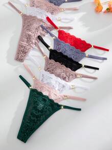 SHEIN 14pcs/Set Sexy Lace Floral Women G-String Panties With Luxury Rhinestone Decorations - Multicolor - View 5
