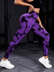 SHEIN Sports Tie Dye Yoga Tights Seamless High Stretch Tummy Control Gym Leggings - Purple - View 2