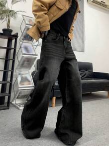 Manfinity Hypemode Men's Loose Fit Wide Leg Casual Black Jeans With Slant Pockets - Black - View 3