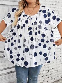 SHEIN CURVE+ Plus Size Women's Summer Polka Dot Printed Round Neck Short Sleeved Shirt - Multicolor - View 6