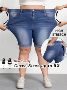 SHEIN CURVE+ Plus Size Women Blue Elastic Casual Roll-Up Hem Slim Fit Denim Shorts For Summer - Medium Wash - View 3