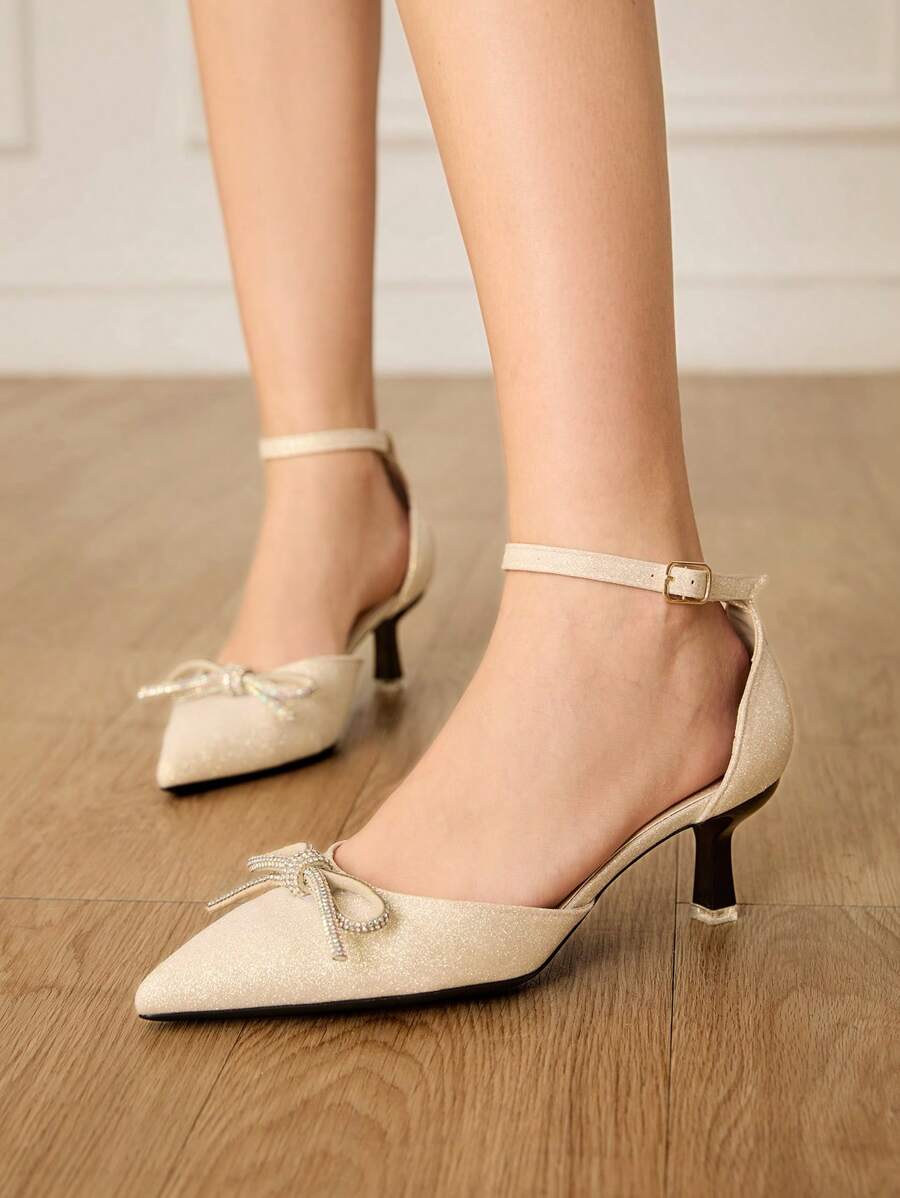 CUCCOO HITCHD Women's Pointed Toe Hollow Out Mid Heel Sandals With Bowknot & Rhinestones, Summer Slip-On Shoes - Gold - View 1