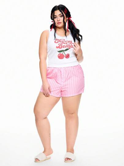 Academia Plus Size Colorblock Striped Button Casual Comfortable Summer Loungewear Bottoms