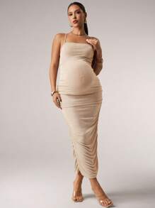 MaterniChic Maternity Sleeveless Ruched Solid Color Bodycon Dress Baby Shower Summer Outfits - Khaki - View 6