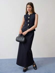 MOTF STUDIO STRIPED PRINT BUTTON UP WAISTCOAT - Navy Blue - View 5