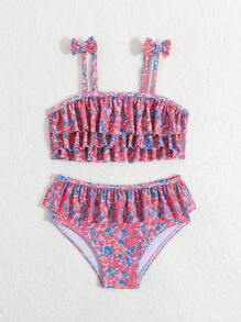 Young Girl Random Print Ruffled Two Pieces Swimwear Set - Multicolor - View 4