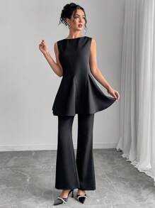 Modelyn Ensemble de 2 pièces top et pantalon de couleur unie élégant pour les déplacements avec ceinture taille - Noir - Voir 1