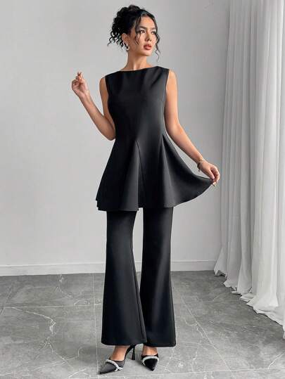 Modelyn 女士优雅通勤纯色束腰背心和裤子两件套