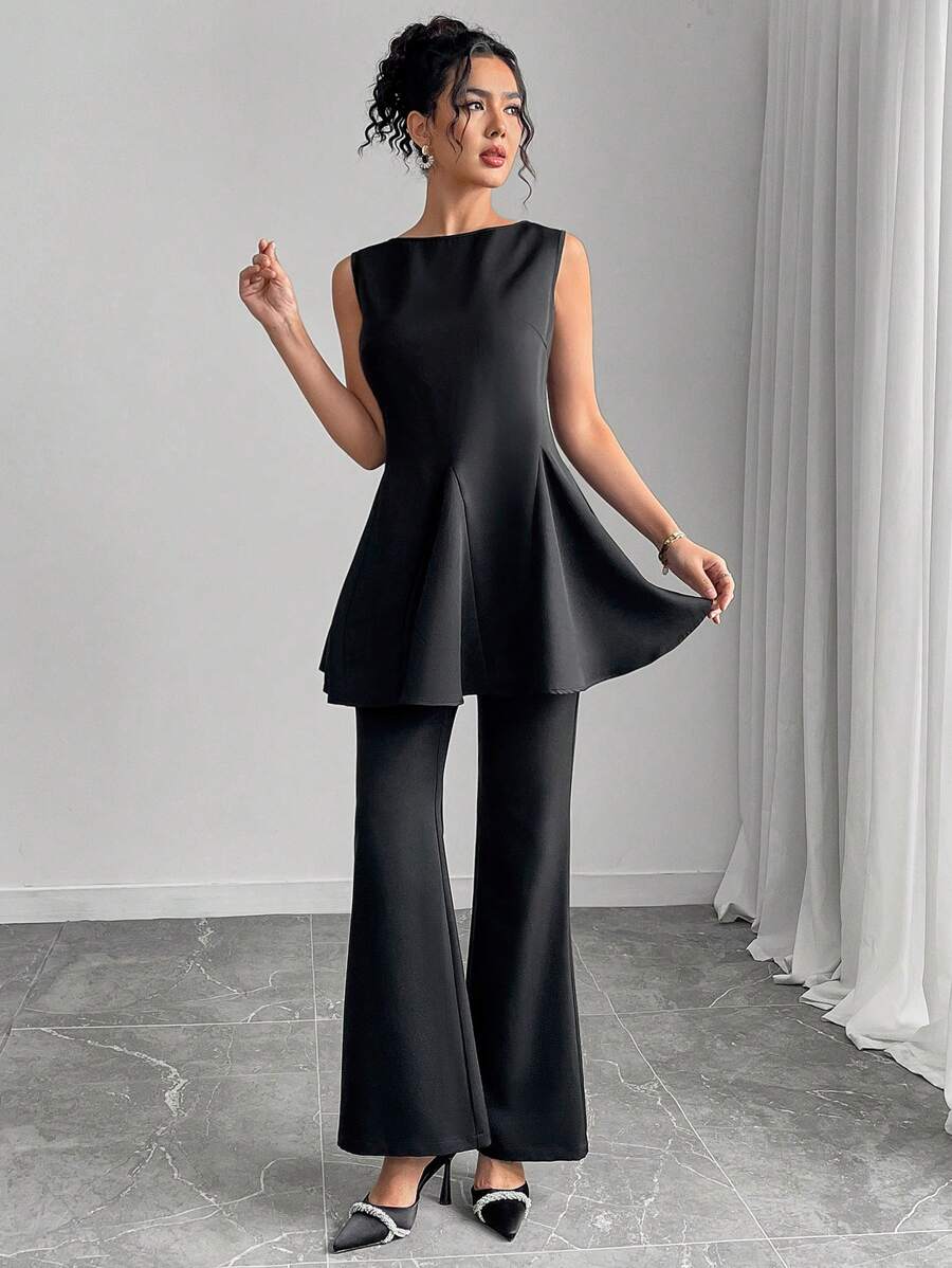 Modelyn Ensemble de 2 pièces top et pantalon de couleur unie élégant pour les déplacements avec ceinture taille - Noir - Voir 1