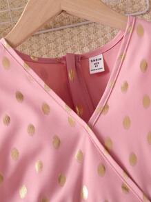 Girls' Noble V-Neck Black & Gold Foil Polka Dot Lace Puff Sleeve Cinched Waist Dress, Everyday Sibling Matching Outfits (3 Pieces Sold Separately) - Pink - View 3