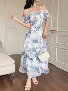 DAZY Vestido de mujer elegante con estampado floral, volantes y dobladillo con volantes, ropa de vuelta al colegio