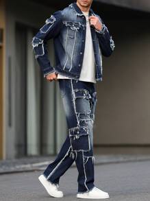 Manfinity LEGND Men's Casual Washed Distressed Denim Jacket And Pants Set, Emo Style, Fall Clothes - Dark Wash - View 5