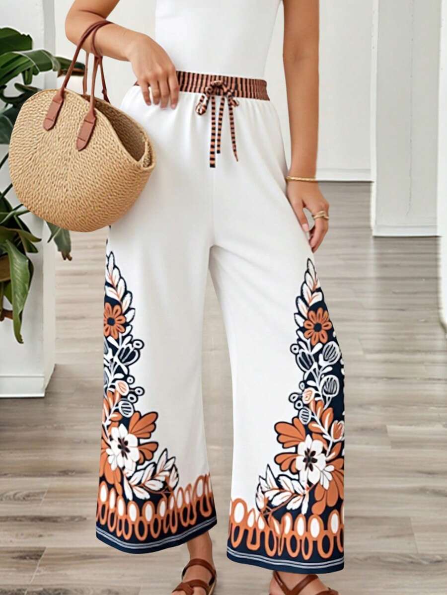 INAWLY Plus Size Women Floral Print Casual Pants For Holiday Fall Cloth For Women - White - View 1