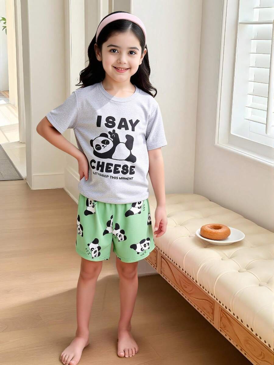 可爱卡通印花圆领T恤和短裤家居服套装,适合青少年女孩 - 綠色 - 查看 1