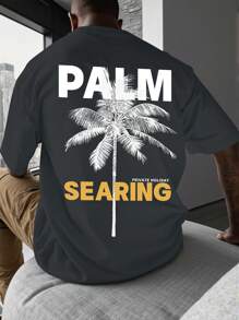 Manfinity RSRT Camiseta de manga corta casual para hombres con estampado de letra tropical de palma, para salir, regalo para el novio