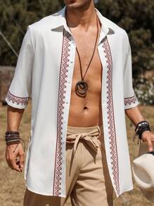 Manfinity Homme 男士几何印花宽松休闲纽扣短袖衬衫 - 白色 - 查看 5