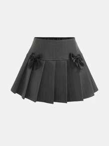 Girlism TEENGIRL Dark Gray Striped Collegiate Commuting Style Woven Low-Waist Mini Skirt, Bow Decor Mini Skirt - Grey - View 1
