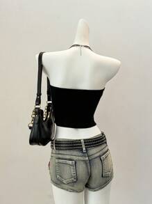 Attitoon Women's Casual Bandeau Crop Top,Suitable For Summer,Rhinestone - Black - View 6