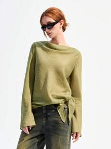 LYSMO 女式简约垂褶领口 T 恤，带开衩设计 - 綠色 - 查看 6