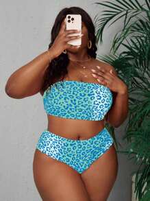 Slaydiva 2025 Plus Size Women Leopard Print Bandeau Bikini Set For Summer Beach Vacation