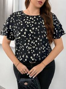 Reflora Elegant Plus Size Round Neck Loose Shirt With Geometric Polka Dot Print & Layered Sleeve - Black - View 6