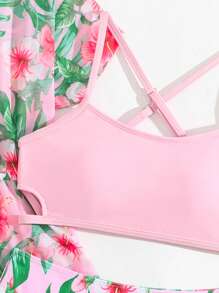 Tween Girl Tropical Print 3-Piece Bikini Swimsuit Set,Pink Summer Boho Beach Holiday Resort Clothes For Young Girls Sizes 11,12,14y Outfits - Baby Pink - View 4