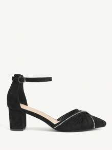 CUCCOO CHICEST Women's Pointy-Toe Chunky-Heel Mid-Heel Pumps With Rhinestone Twist Vamp, Faux Suede, Comfortable & Elegant, Black, Suitable For Summer, Afternoon Tea Dates - Black - View 10