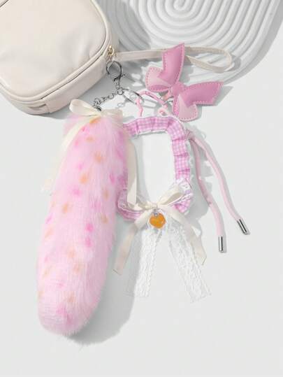 Grunge Punk 1 pièce Porte-carte et porte-badge à cordon avec chaîne porte-clés, nœud en tulle, pompon et pois  de haute qualité. Polyvalent et mignon, convient aux femmes et aux filles, idéal pour un usage quotidien ou en cadeau pour les fêtes