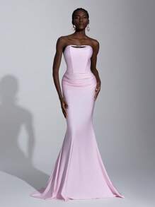 Elitara Elegant Pink Knitted Tube Dress,Unique Asymmetric Hollow Out Metallic Rhinestone High Waist Fishtail Maxi Gown For Women,Party Evening Wedding Guest - Baby Pink - View 4