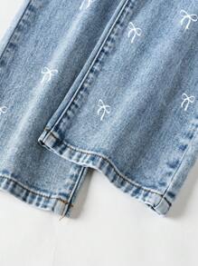 Young Girl Casual Basic Comfy Fashion Loose Straight Sweet Full Butterfly Print Washed Denim Jeans - Medium Wash - View 5