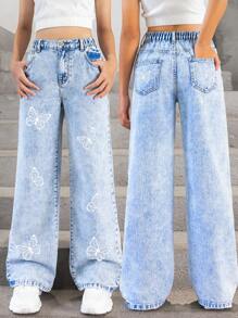 SHEIN Tween Girls Y2K Style Vintage Washed Casual All-Match Versatile Sweet Bow & Graffiti Print Elements Simple Fashion Loose Straight Leg Everyday Denim Jeans, School, Campus, College Summer Holiday - Light Wash - View 5