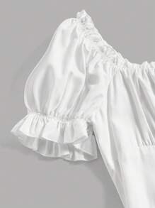 SHEIN MOD 白色泡泡袖蝴蝶结抽绳开衩下摆连衣裙 - 白色 - 查看 4