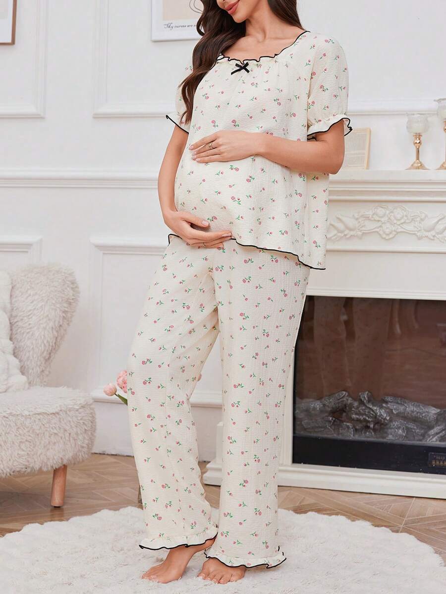Rose Ditsy Floral Ruffle Hem Bubble Crinkle Romantic Maternity Pajama Set - Apricot - View 1