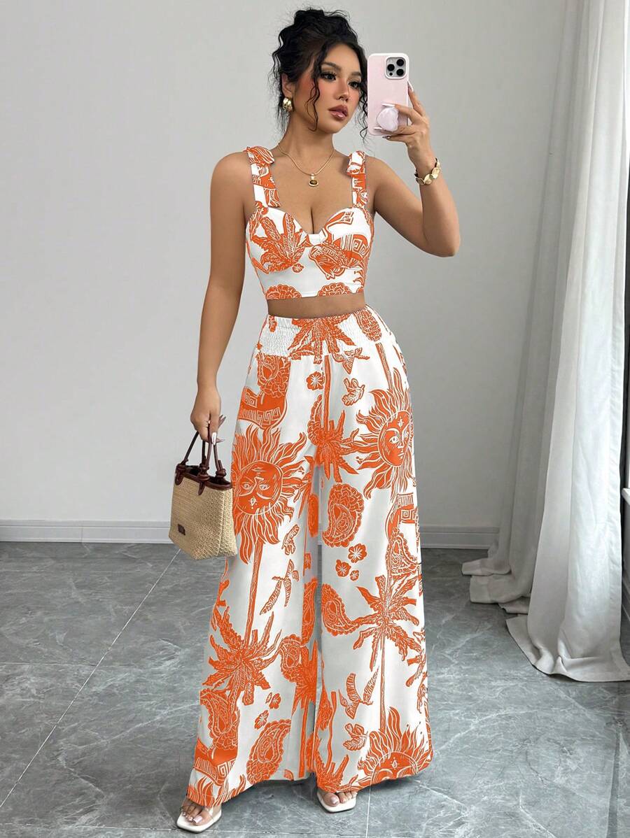 Elenzga 波西米亚蓝白印花吊带短款上衣和直筒裤两件套，度假风格 - 橘色 - 查看 1