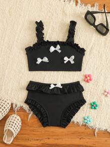 2pcs/Set Little Girls Adorable Pink Swimsuit Set, Bowknot, Ruffle Straps & Trim, Tankini & Bottoms - Black - View 1