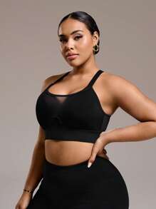 SHEIN Sport Studio Reggiseno sportivo da donna, taglia plus size, con dettagli in rete, toppe, spalline incrociate staccabili e imbottitura, adatto per primavera/estate