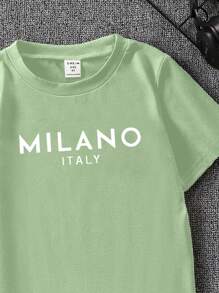 Maglietta casual a maniche corte con scollo tondo e stampa grafica "Milano Italia" per bambini piccoli - Menta Verde - Visualizzare 3