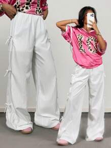 SHEIN Tween Girls Spring/Summer 1pc New White Bowknot Lace-Up  Quick-Drying Straight-Leg Pants - White - View 7