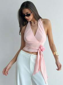 Aloruh Women's Elegant Solid Color 3D Floral Decor Tie-Front Backless Halter Blouse - Pink - View 4