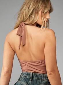 MISSGUIDED Body sin mangas de cuello halter con atadura en la espalda, ajustado, básico para capas, esencial casual de uso diario, escote pronunciado, ajuste ceñido, cierre a presión, para primavera y verano