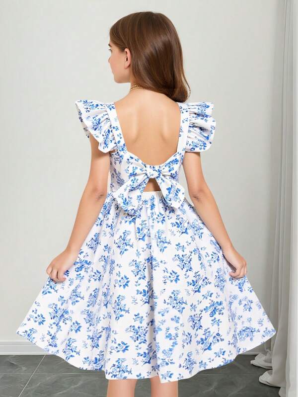 SHEIN Tween Girls Elegant Butterfly Decor Back Bow Ruffle Detail Printed A-Line Dress