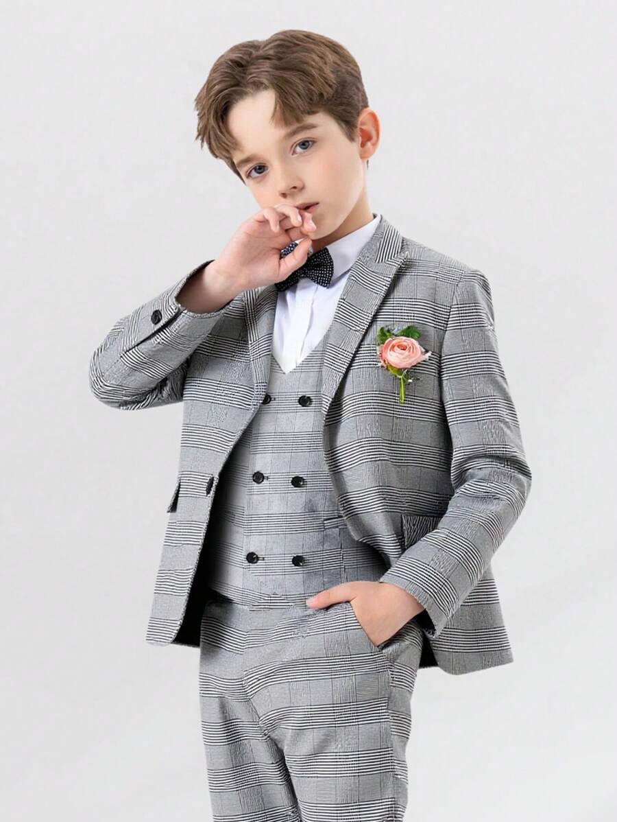 SHEIN 4pcs/Set Tween Boys Suit Set - Gray Plaid Blazer + Double-Breasted Vest + Matching Pants + Bowtie, For Wedding Parties, Everyday Wear, Banquet