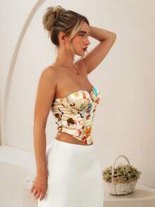 Glamine Sexy Retro Colorblock Floral Print Underwire Cotton Bustier Top For Women - Multicolor - View 5