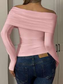 SHEIN EZwear 女款莲藕粉色针织露肩长袖休闲T恤 - 藕粉色 - 查看 2