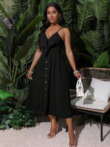 SHEIN Clasi 女士纯色节日细肩带连衣裙长款女装 - 黑色 - 查看 7