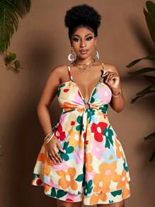 Maweii Plus Size Women's Elegant Multi-Color Printed Halter V-Neck Waist Hollow Out Backless Ruffle Wide Leg Jumpsuit, Vacation Style, Spring/Summer
