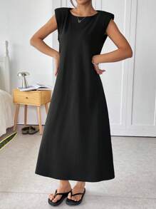 SHEIN EZwear Black Knit Women's Casual Loose Fit Round Neck Mini Dress - Black - View 5