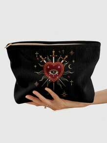 ROMWE Goth Heart, Eye, Teardrop And Sword Pattern Corduroy Zipper Makeup Bag, Lightweight Multi-Functional Makeup Organizer Pouch With Lining - Multicolor - View 1