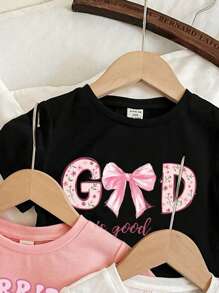 Baby Girl Casual Cute Strawberry, Bow, And Cherry Print Short Sleeve Top, Summer T-Shirt - Multicolor - View 3