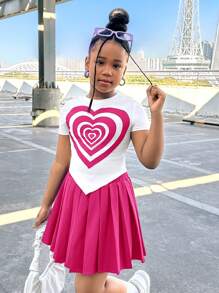 2pcs/Set Tween Girl Heart Print Short Sleeve Top And Pleated Hem Skirt, Casual Outfit